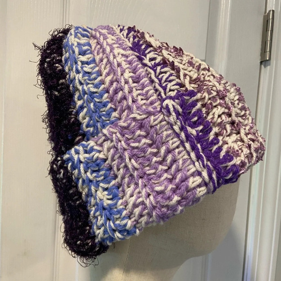 Handmade Crochet Chunky Ribbed Upcycled Multi Fiber Scrappy Yarn Beanie Hat D40 - Picture 1 of 4